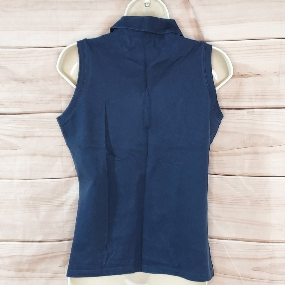 Eddie Bauer polo sleeveless top stretch navy blue lime green trim S Petite - Picture 3 of 8